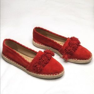 Sam Edelman Red Faux Suede Pom Pom Loafers - Sz 9